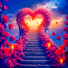 a staircase covered in red roses with a heart made of flowers