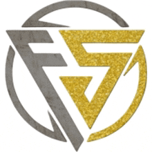 a gray and gold logo with a triangle in the middle