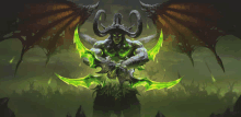 a painting of a demon with horns holding green swords