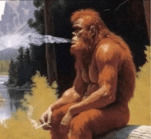 a painting of a bigfoot smoking a cigarette with trees in the background