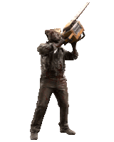 a statue of a man holding a chainsaw with a bag on his head