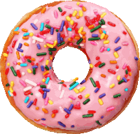 a pink frosted donut with sprinkles on it