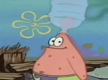 patrick star from spongebob squarepants is drinking water from a bottle with a flower in the background .