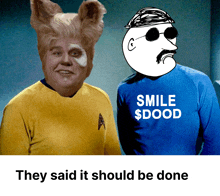 a man in a blue shirt that says smile $ dood stands next to a man in a yellow shirt