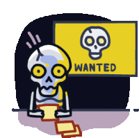 a cartoon of a skeleton looking at a wanted sign