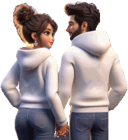 a man and a woman in white hoodies holding hands