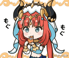 a cartoon of a girl with red hair and horns eating a piece of food