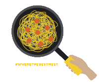 a hand is holding a frying pan with spaghetti and meatballs in it and the hashtag #wherethebestmeet