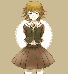 a drawing of a girl wearing a green jacket and brown pleated skirt