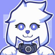 a cartoon drawing of a white cat with blue eyes holding a camera