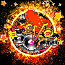 a logo for a music station with a dj in a circle of fire