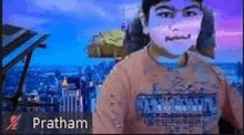 a young boy is sitting in front of a screen with a city in the background and a name tag that says pratham .