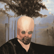 a painting of a bald man with a beard and a tree in the background