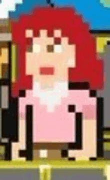 a pixel art of a woman with red hair in a pink dress .