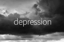 a black and white photo of a cloudy sky with the word depression in the foreground