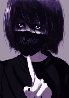 a person wearing a black mask with the word silence on it