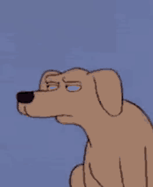 a cartoon dog with a sad look on its face is sitting on a blue surface .