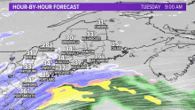 a weather map showing the hour by hour forecast for tuesday at 9:00 am