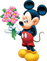 mickey mouse holds a bouquet of pink flowers