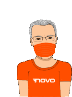 a cartoon of a man wearing a face mask and an orange shirt with novo written on it