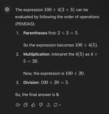 a black background with white text that says the expression 100 ÷ 4 ( 2 + 3 ) can be evaluated by following the order of operations