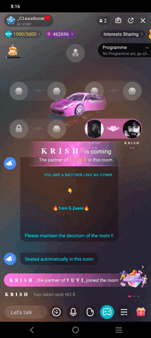 a screenshot of a video chat with a pink car and the words " krish is coming in this room "