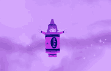 a girl dressed as a purple crayon floating in the air