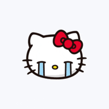 a white hello kitty with a red bow on her head crying