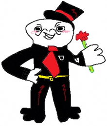 a cartoon character wearing a top hat and tie is holding a red flower