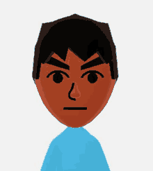 a cartoon character with a blue shirt on has a serious look on his face