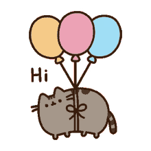 a drawing of a cat holding three balloons with the word hi above it