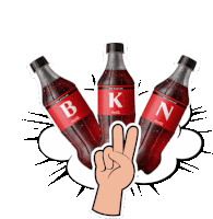 three bottles of coca cola with the letter k and n on them