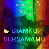 a man is sitting on a couch with the words " diamku bersamamu " on the bottom