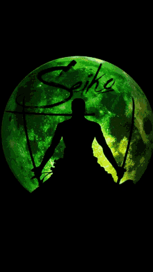 a silhouette of a man holding a sword in front of a green moon with the word seiko written on it