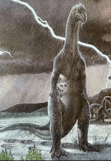 a dinosaur is standing in the rain with lightning behind it