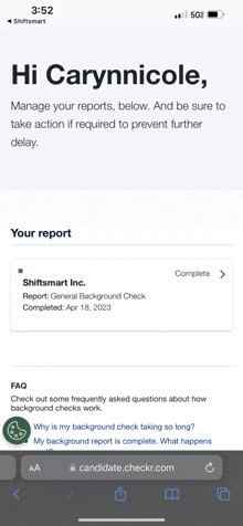 a screenshot of a shiftsmart inc. background check