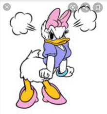 a cartoon of daisy duck wearing a purple shirt and pink shoes is angry .