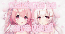 two pink and white anime girls are standing next to each other with the words welcome to cafe usagi above them