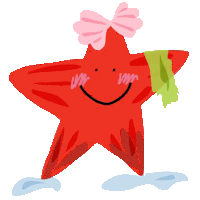 a red star with a pink bow on it and a green scarf around its neck