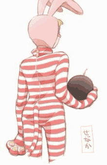 a drawing of a person in a pink and white striped suit holding a bomb .