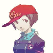 a girl wearing a hat that says get smoked