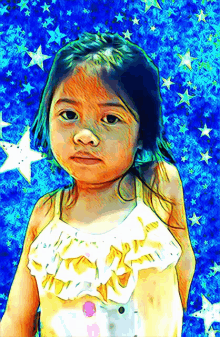 a painting of a little girl with a blue background