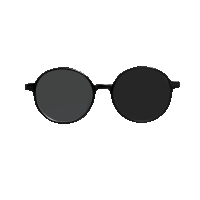 a pair of round sunglasses with a black frame and grey lenses