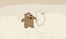 a couple of bears are standing next to each other in a pile of boxes .