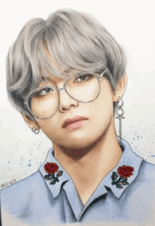 a drawing of a young man wearing glasses and a blue shirt with roses on it