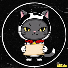 a cat in a cow costume holding a sign with the word kitcoin below it