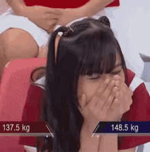 a girl is covering her mouth with her hands and the number 137.5 kg is behind her