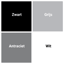 a collage of four squares with the words zwart grijs anthraciet and wit on them