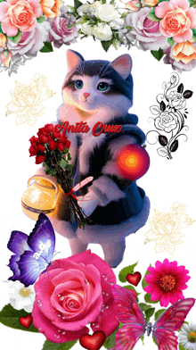 a picture of a cat holding a bouquet of flowers with the name anita on the bottom