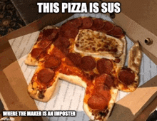 a pizza in a box with the caption " this pizza is sus "